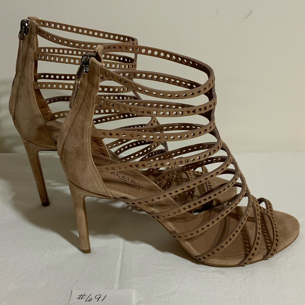 ALAÏA
Tan Goatskin Suede Cage Heeled Sandals